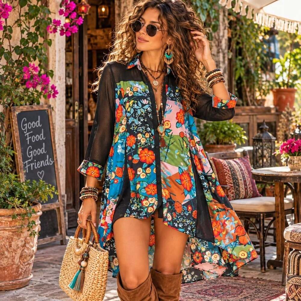 WHY DRESS Floral Mesh Button-Up Size XL Boho Tunic